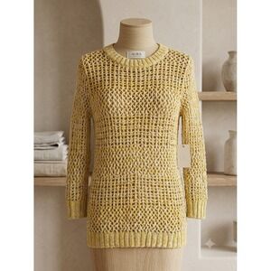 Rubbish Womens XS Yellow White Open Knit Crochet Sweater 3/4 Sleeve Crew Neck